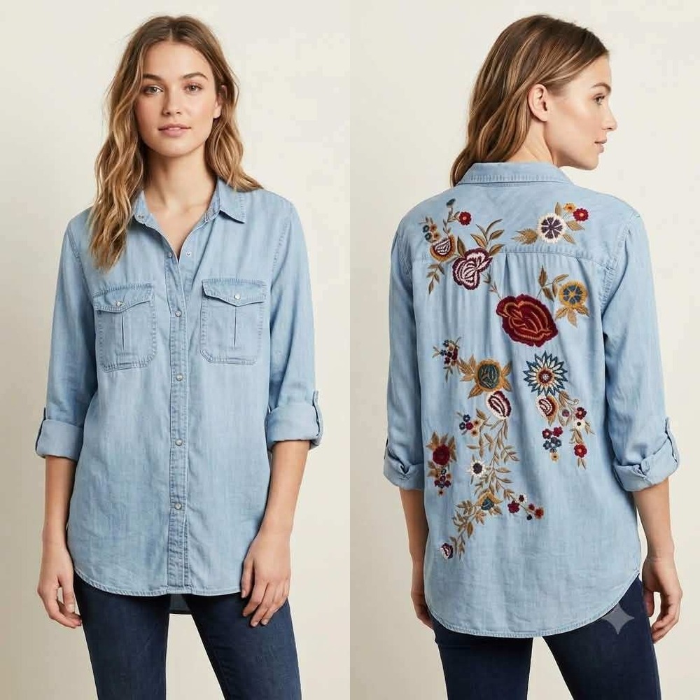 Kyla Seo Women's XL Embroidered Chambray Shirt Floral Boho Western Snap Front